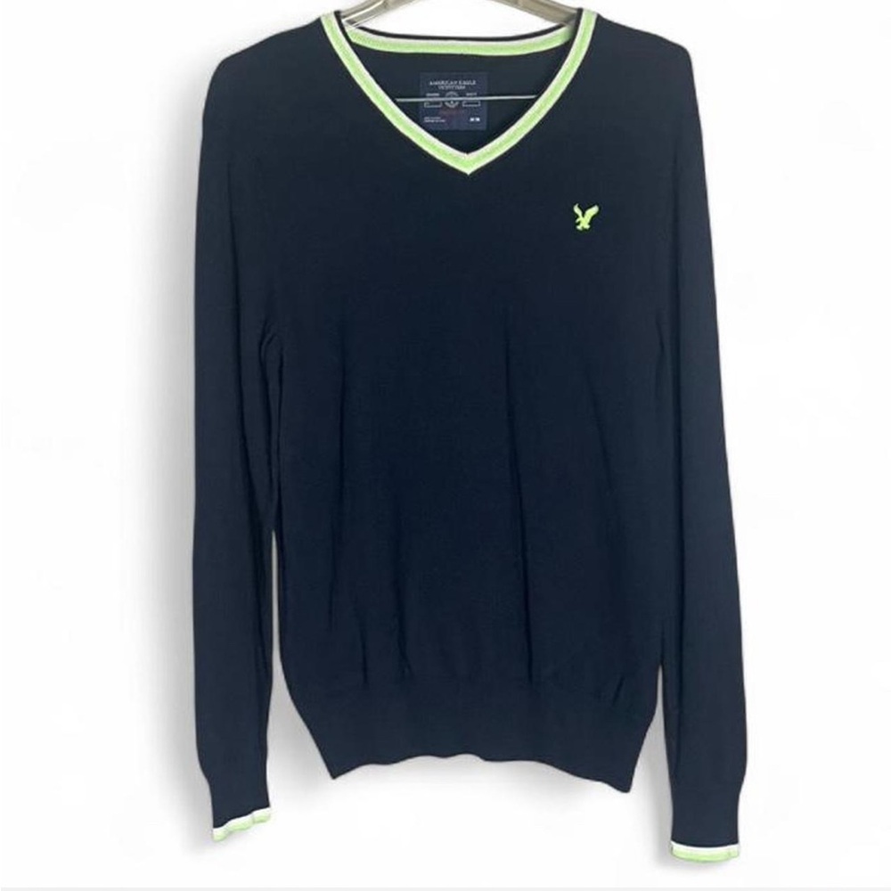 American Eagle Outfitters Navy V-Neck Sweater with Green Accents Y2K